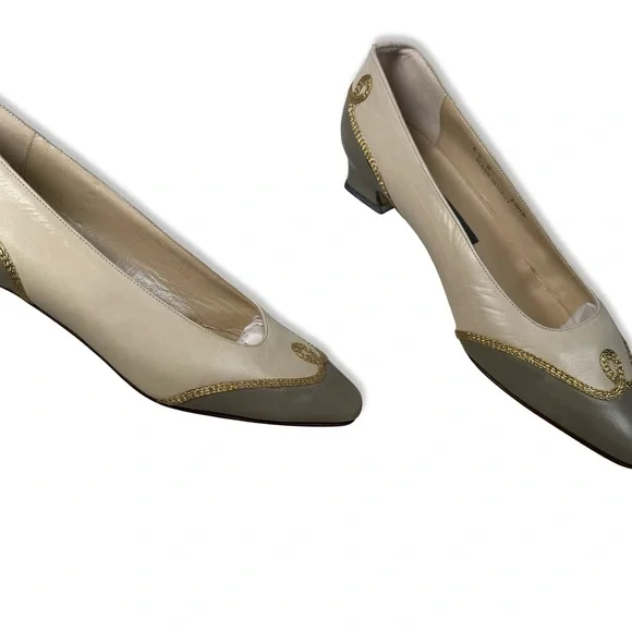 Bally Vtg Womens Pumps Size 5.5 Beige Two Tone Low Heel Classic Leather Metallic - Picture 5 of 7